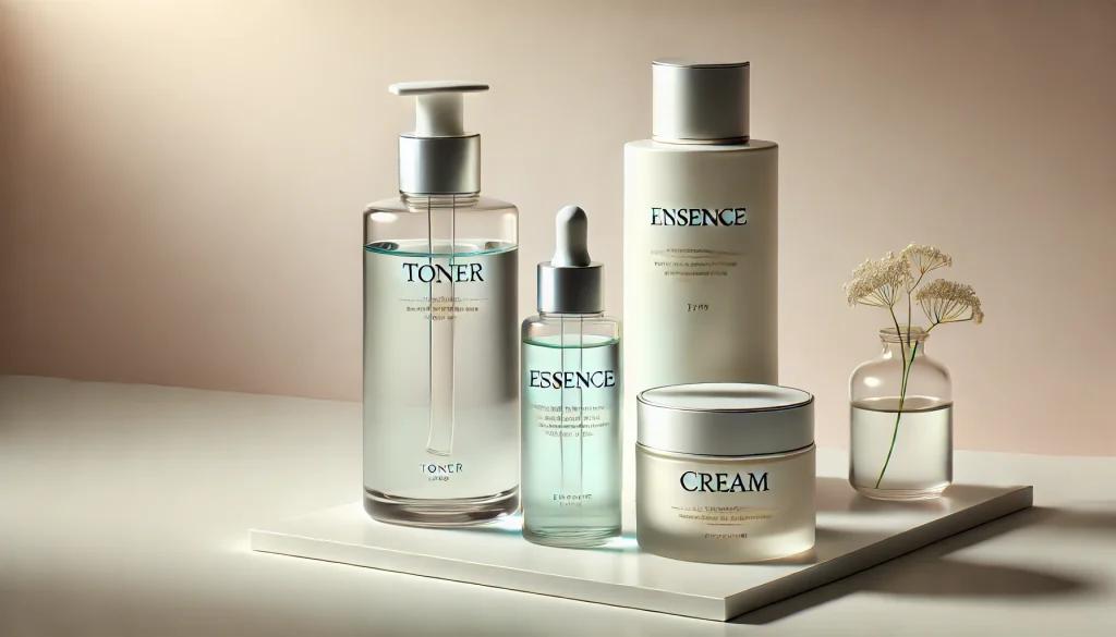 A minimalist display of skincare products including toner, essence, and cream on a white surface with a pastel background.