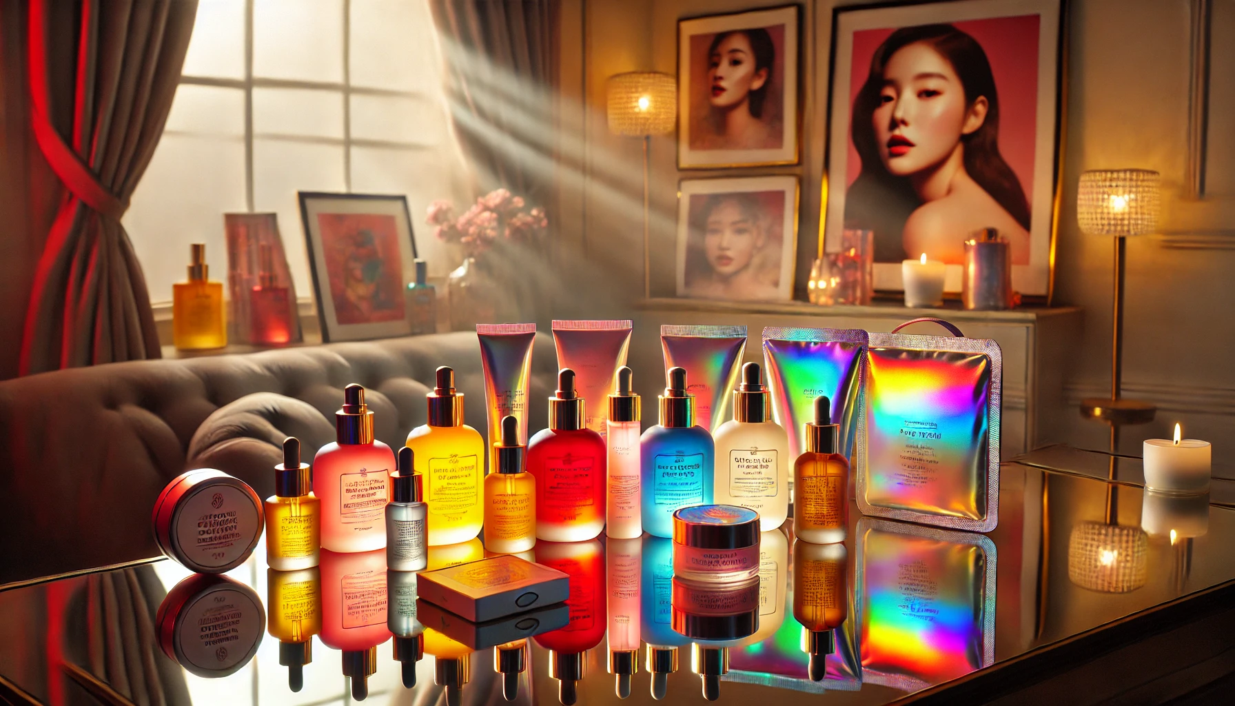 A selection of K-Beauty skincare products arranged on a stylish vanity, illuminated with a soft, glowing light.