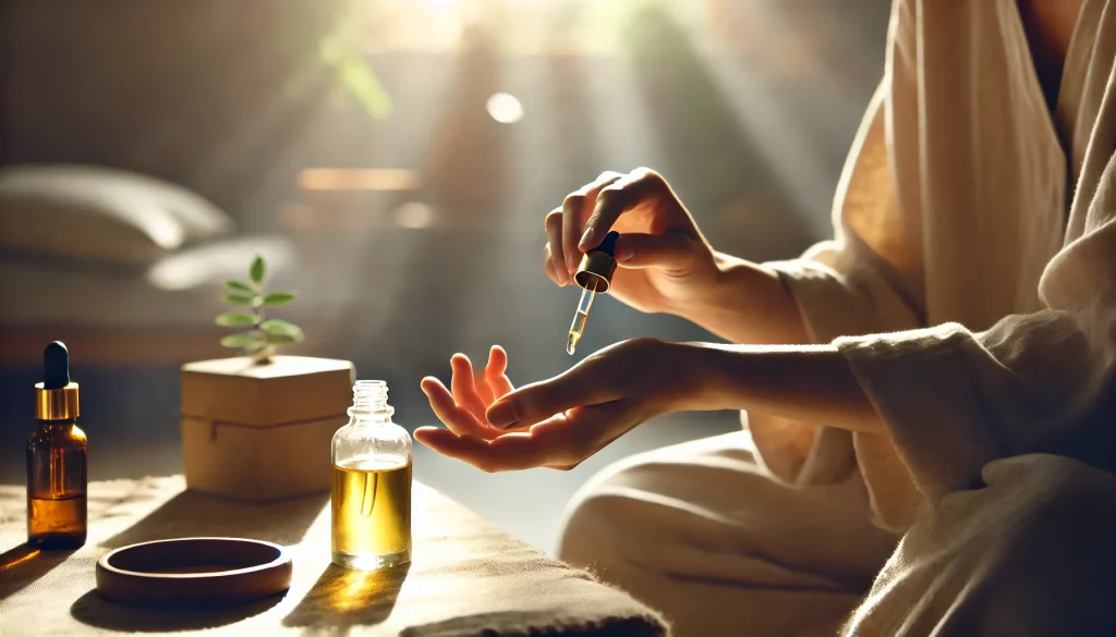 A person applying oil essence to their wrist in a serene, softly lit room with natural elements.