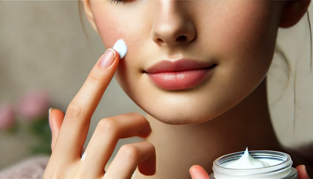 A person gently applying cream on their face with their fingertips.