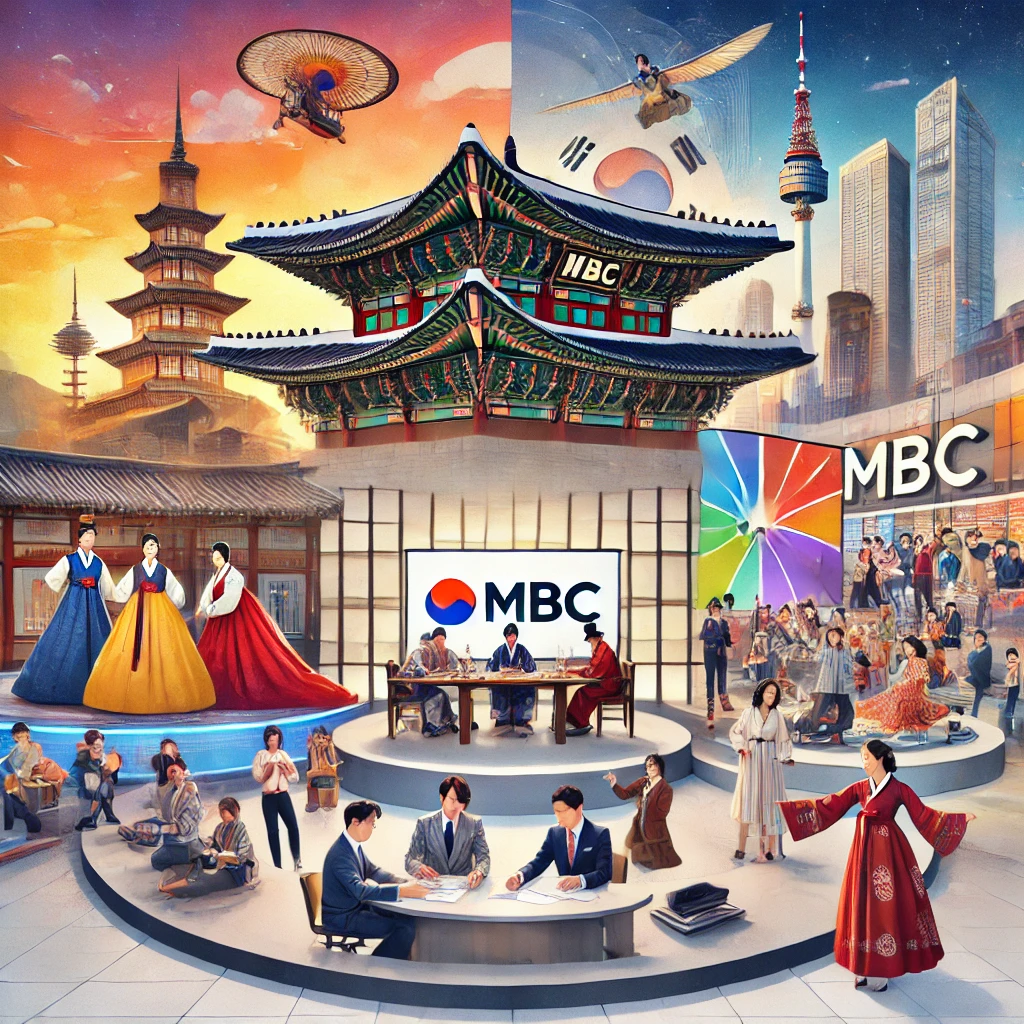 Sections showing a historical drama, an energetic variety show, and a news anchor, all connected by the MBC logo.

