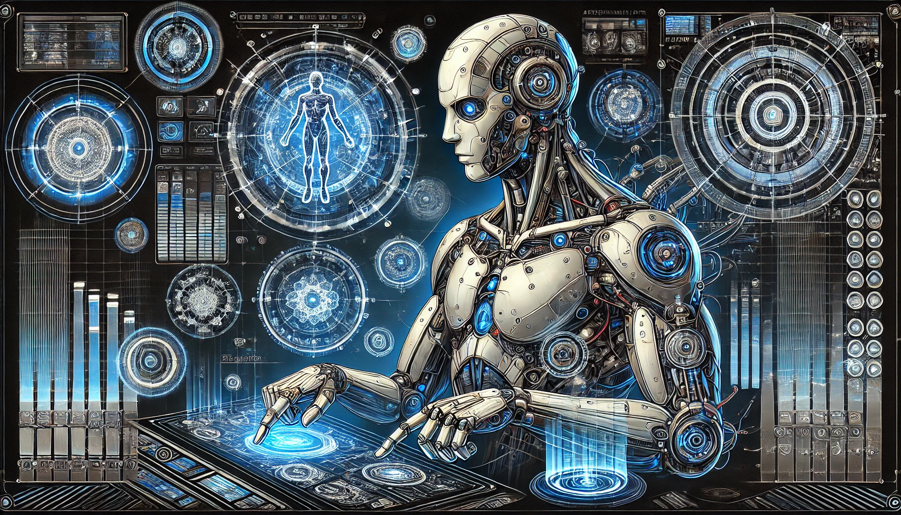 Humanoid robot interacting with data holograms in a futuristic, cyberpunk-style control room with blue and silver tones.