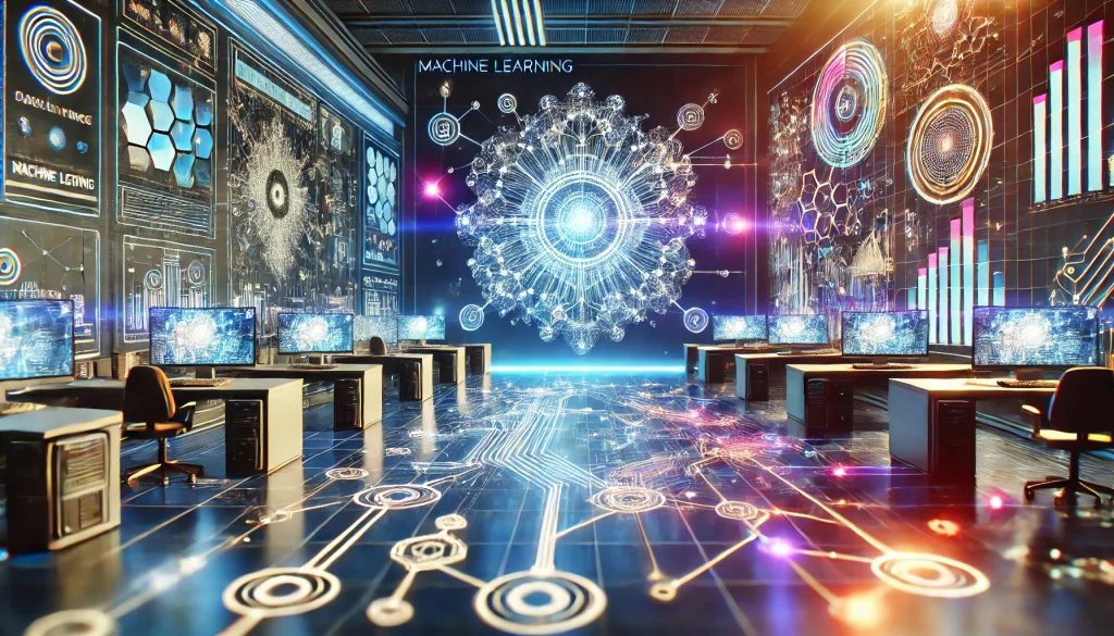 Machine learning network with interconnected nodes and algorithms in a modern tech lab, with futuristic lighting and holographic displays representing an area of artificial intelligence.