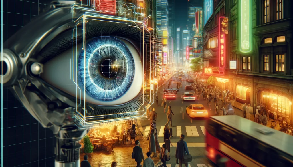 Robotic eye scanning a busy city street, identifying objects and people with digital tags, set against a neon-lit urban background.