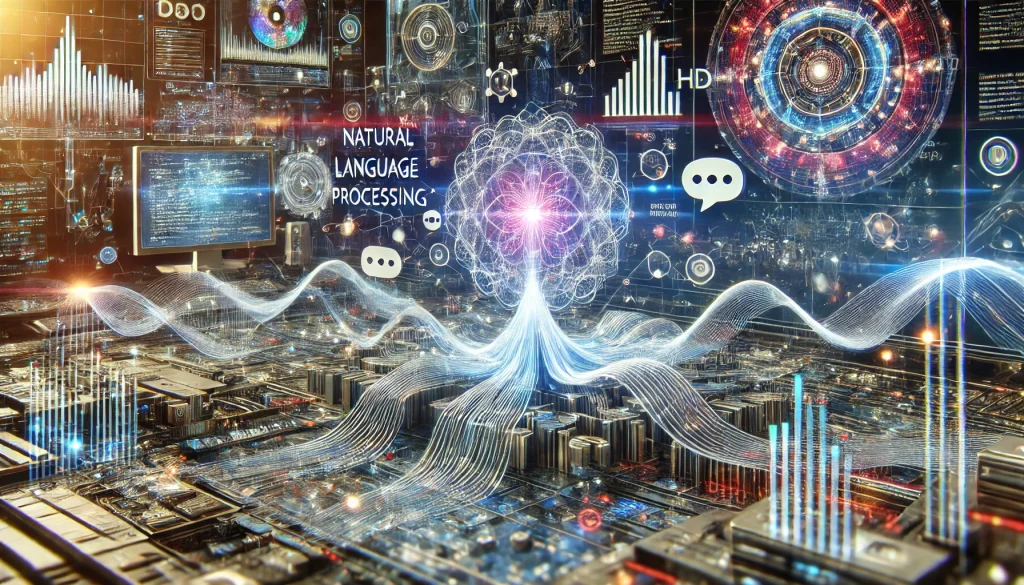 Streams of text and speech bubbles flowing into a neural network in a futuristic digital workspace with holographic displays and dynamic lighting.