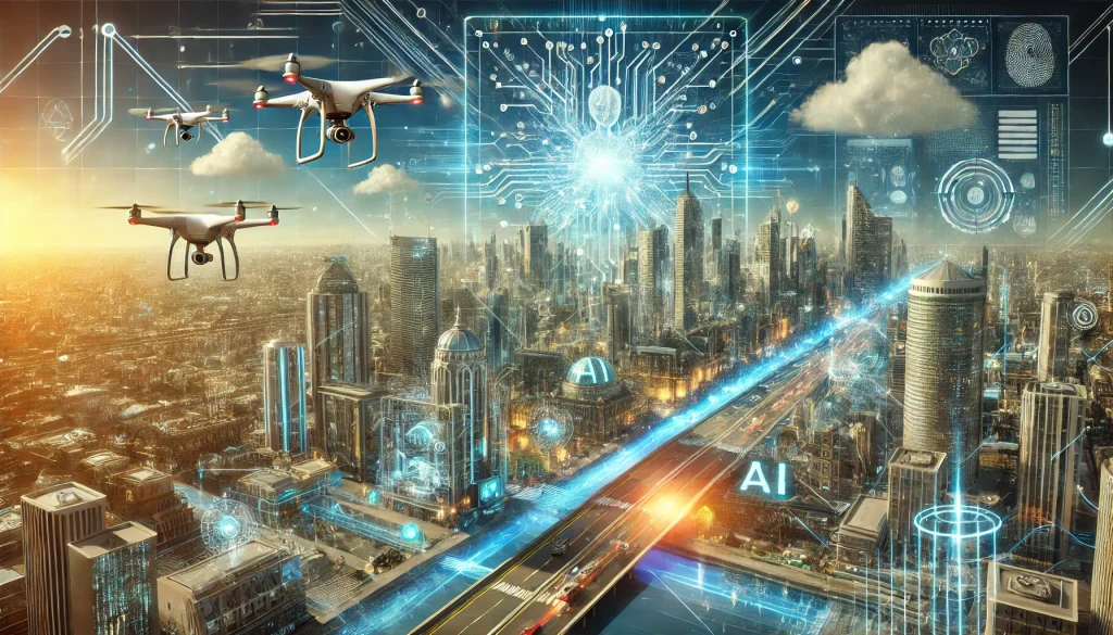 Futuristic cityscape with AI-driven drones, smart buildings, and robotic assistants, set against sleek modern architecture with bright, high-tech lighting representing an area of artificial intelligence.