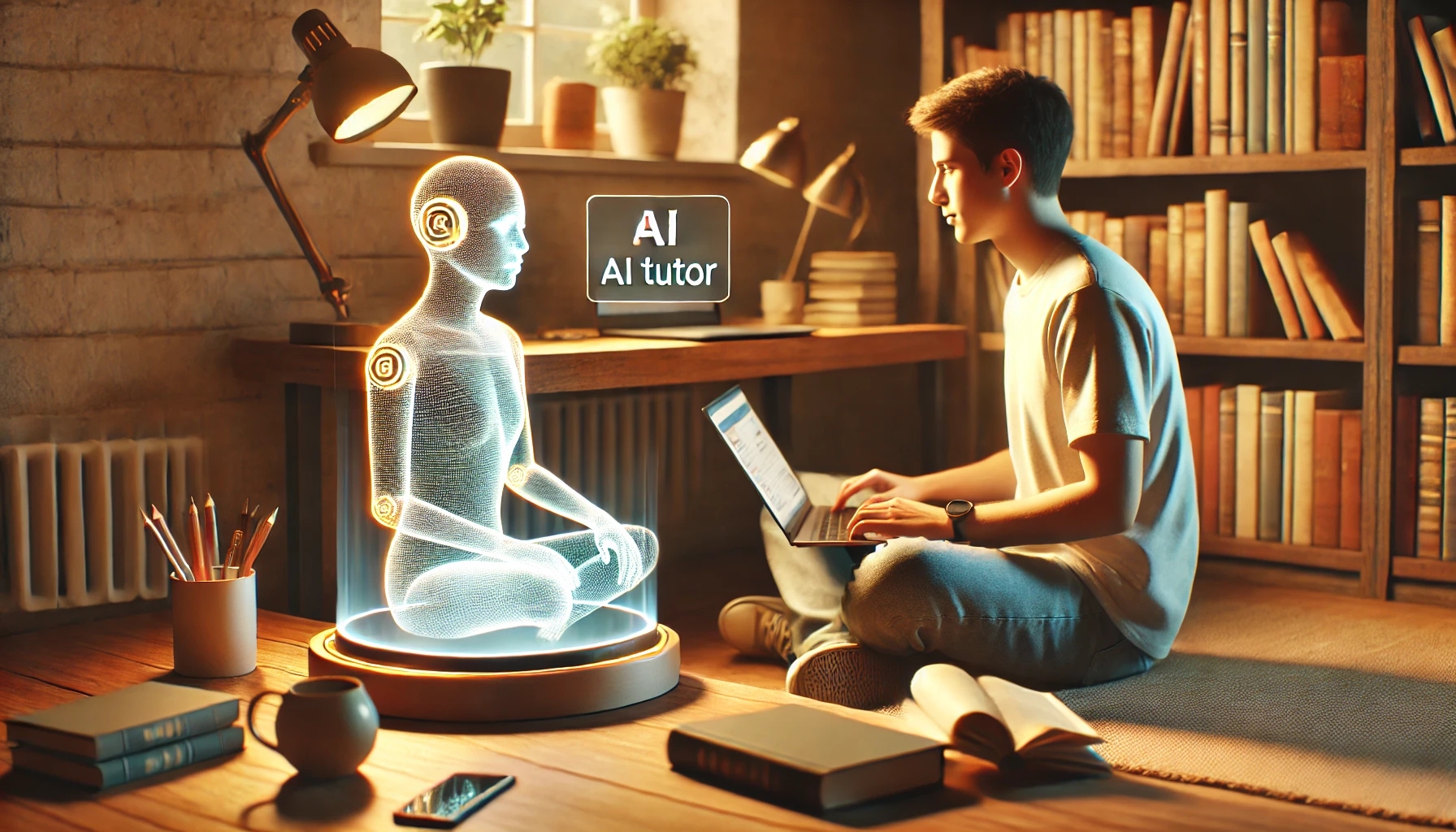 Student using AI language tool in a cozy room with a holographic tutor, warm lighting, books, and a laptop in a personal workspace.