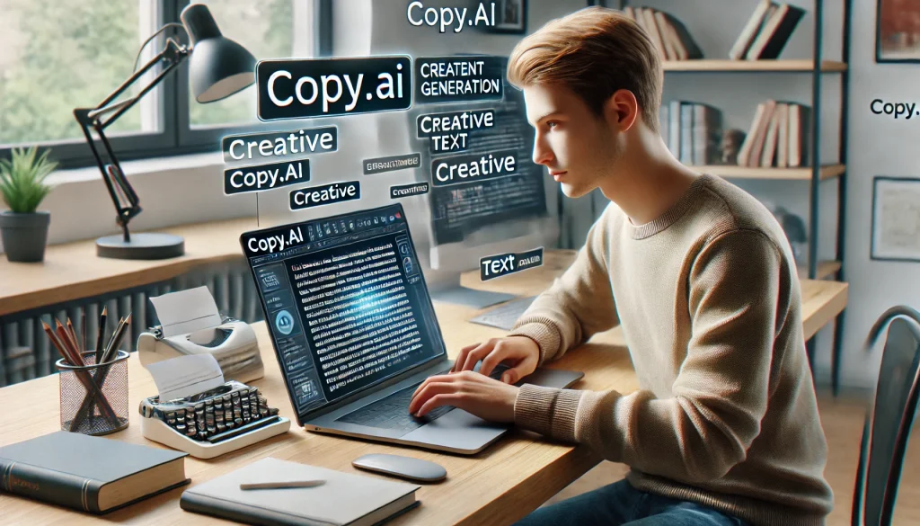 Student using Copy.ai for content generation on a laptop in a modern study room, with bright lighting, notes, and books on an organized desk.