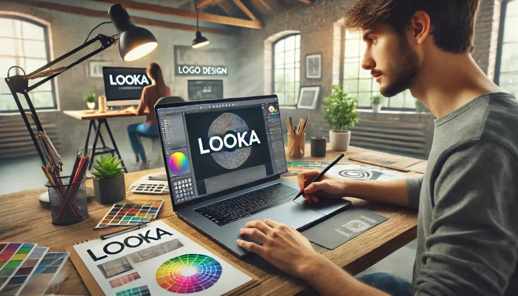 Student using Looka for logo design on a laptop in a stylish studio, with bright lighting, sketchpads, color palettes, and an organized workspace.