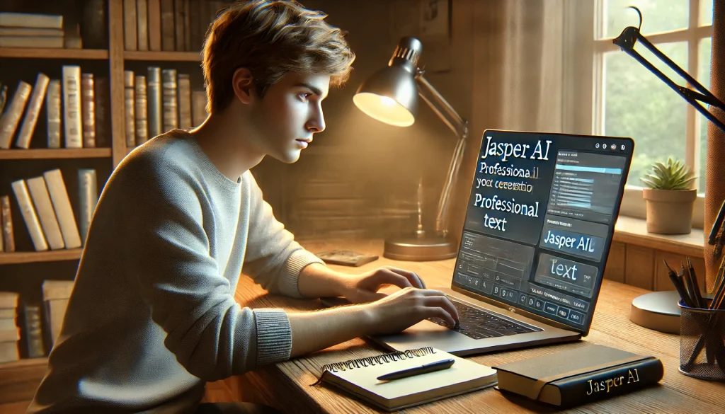 Student using Jasper AI for content creation on a laptop in a cozy study room, with warm lighting, notes, and books on an organized desk.