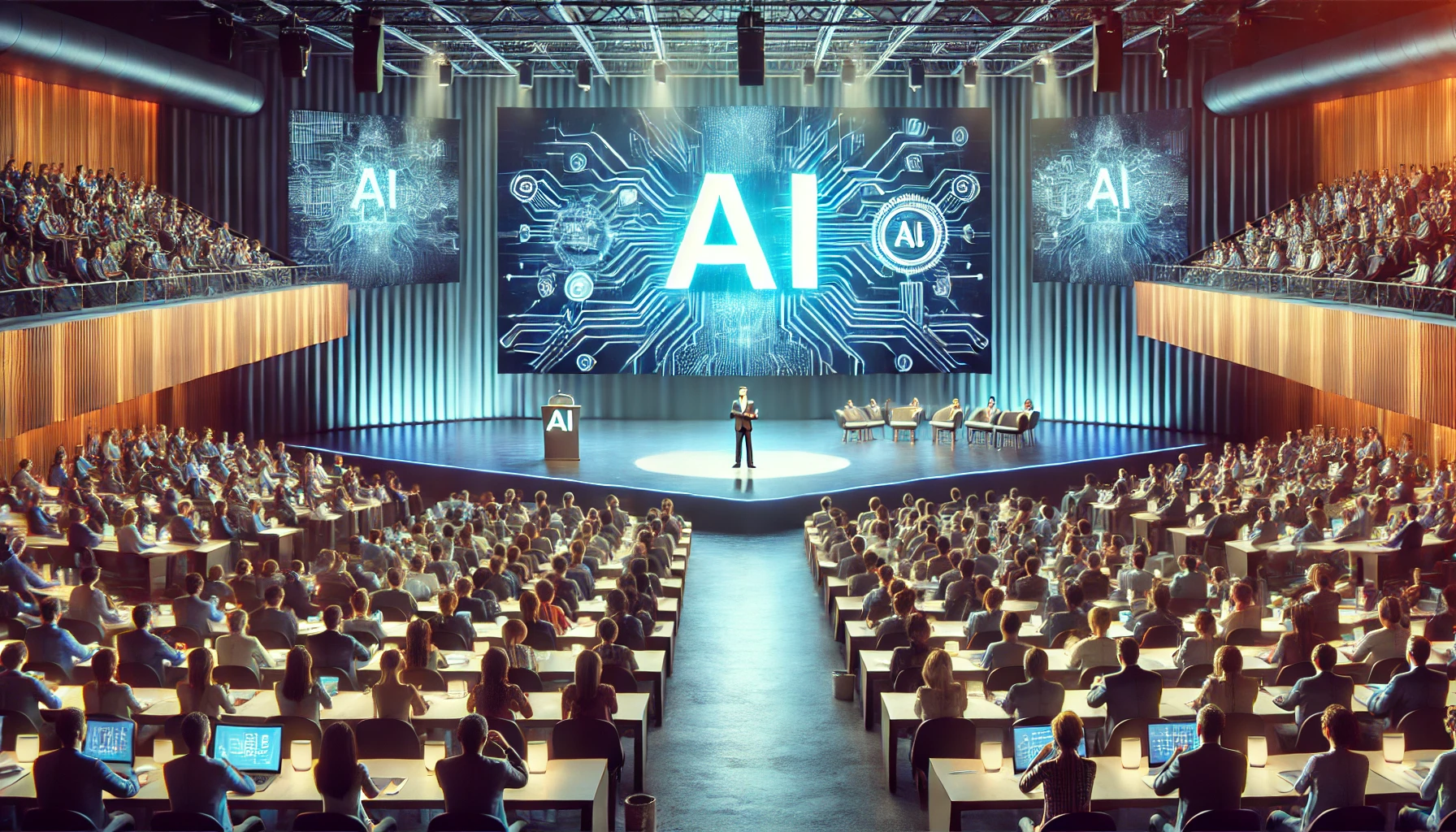 AI conference with a keynote speaker, large audience, and vibrant lighting in a modern auditorium, featuring AI graphics on a large screen.