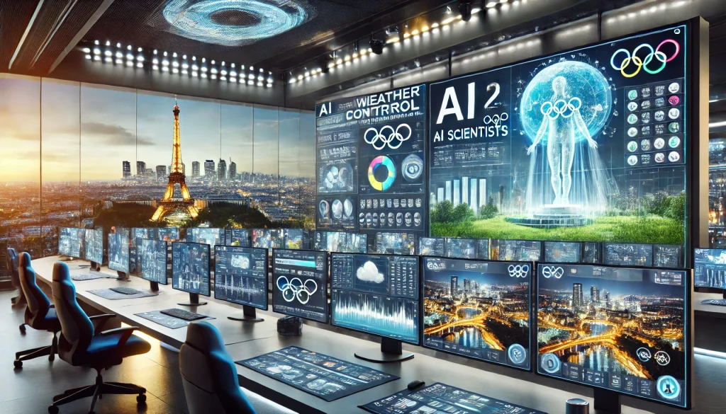 Futuristic weather control center in Paris with AI scientists monitoring Olympic forecasts, advanced screens, and the Paris skyline visible through large windows.






