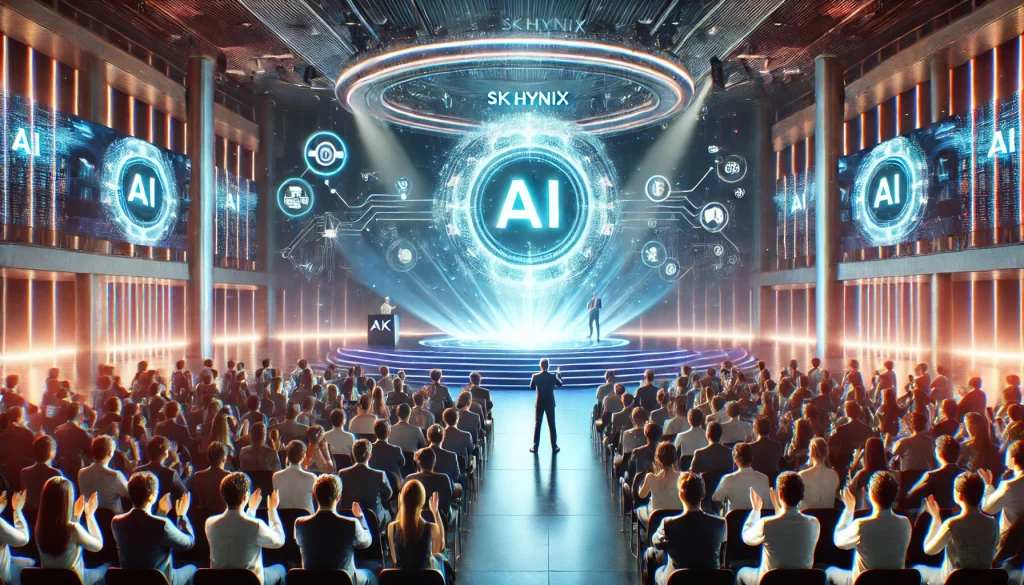 Grand unveiling event for SK Hynix's $75 billion AI investment, with the CEO on a holographic stage, vibrant lighting, and advanced AI visuals in a futuristic conference hall.