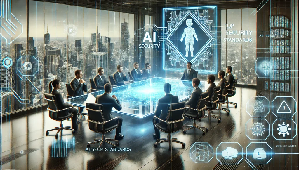 High-tech meeting room with tech giants discussing security standards, holographic displays on the table, and a city skyline visible through large windows.


