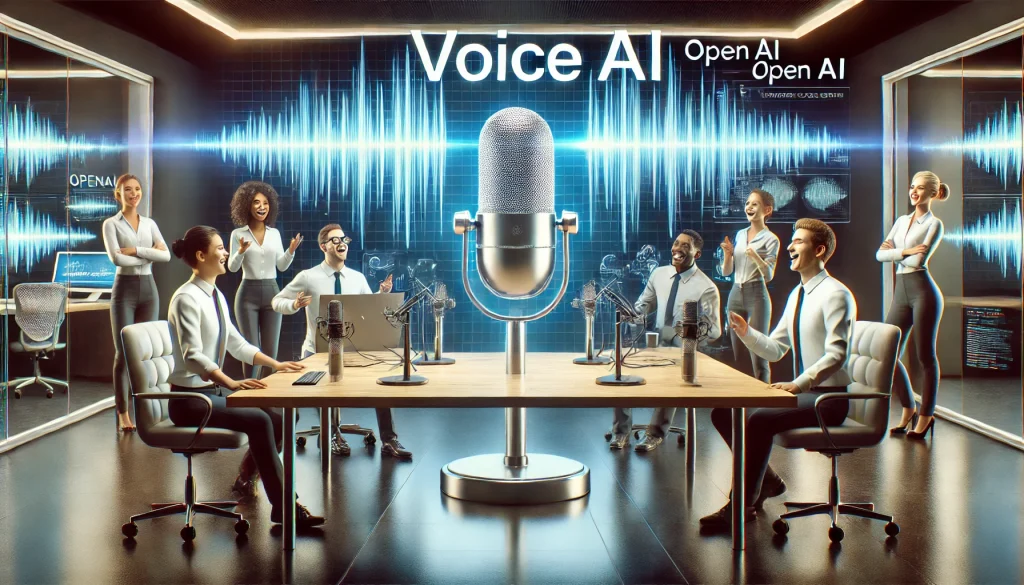 Sleek office where OpenAI's team unveils Voice AI for ChatGPT, with developers demonstrating the technology, advanced microphones, and digital voice waveforms in the background.