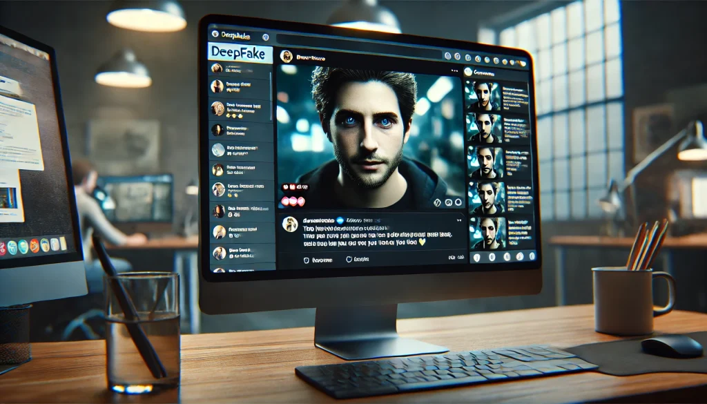 Close-up of a computer screen displaying a deepfake video of a fictional character on a social media platform, with comments and reactions, in a dimly lit modern workspace.