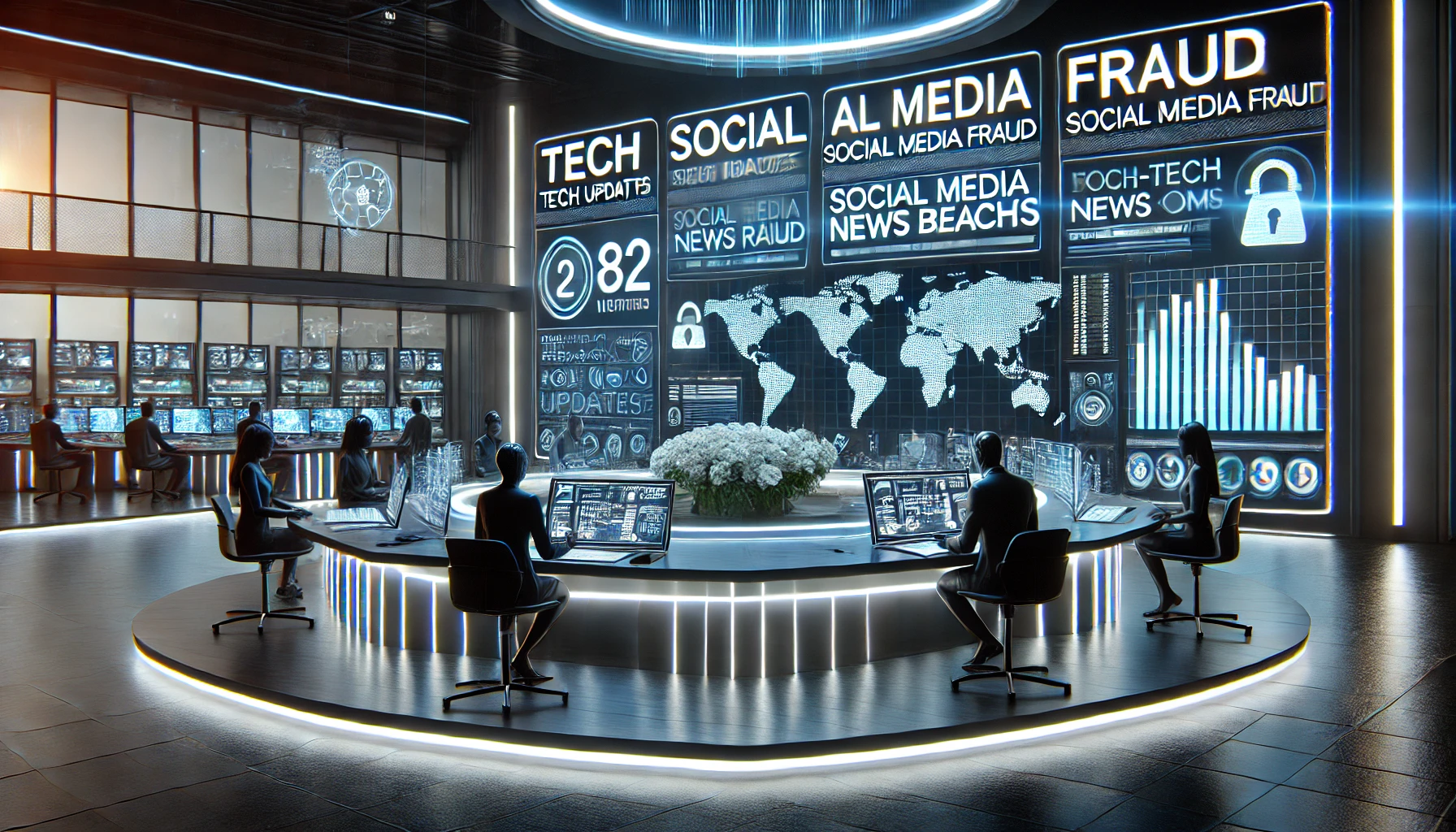 High-tech newsroom with digital screens on social media fraud, holographic analysts, futuristic gadgets, and neon-lit dark blue and white color scheme.