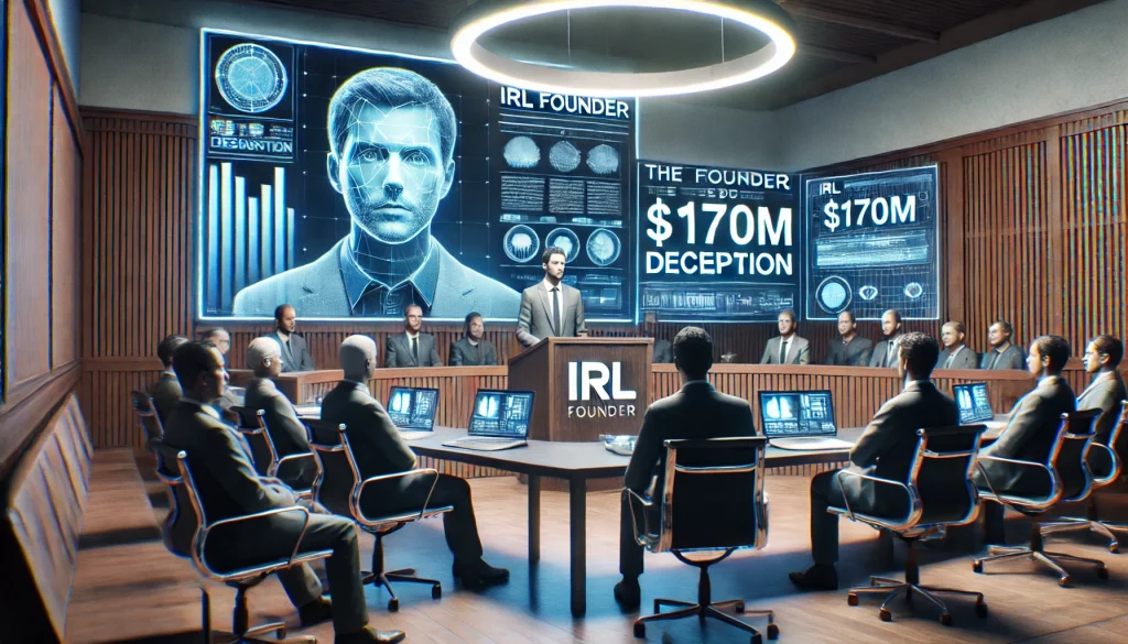 Courtroom scene with the IRL founder accused of $170M deception, featuring intense expressions, high-tech evidence displays, and a futuristic design in cold blue and grey tones.



