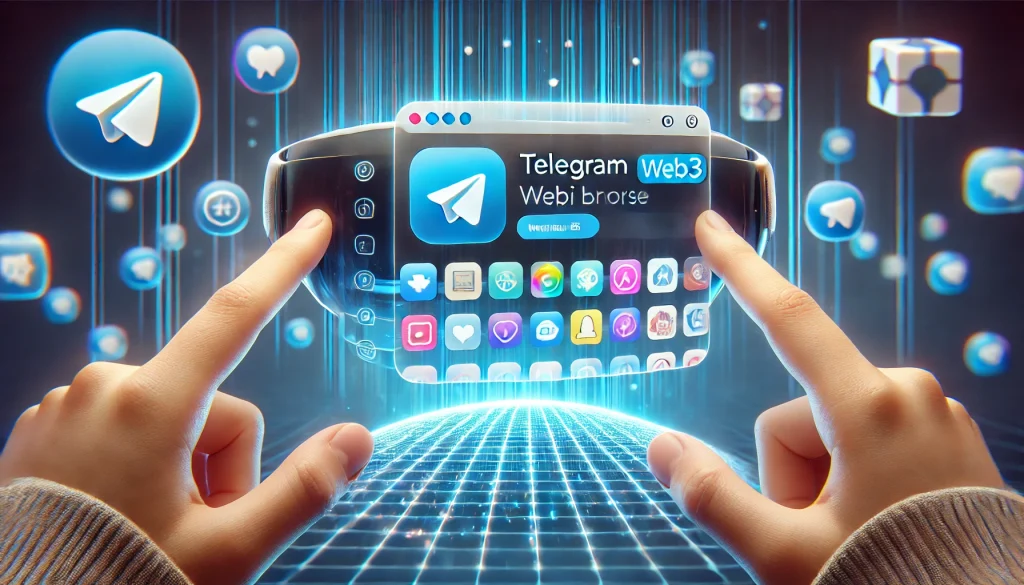 Sleek interface of Telegram's Web3 browser with a vibrant mini app store, holographic icons, users in AR glasses, glowing blue and white hues, and a futuristic design.