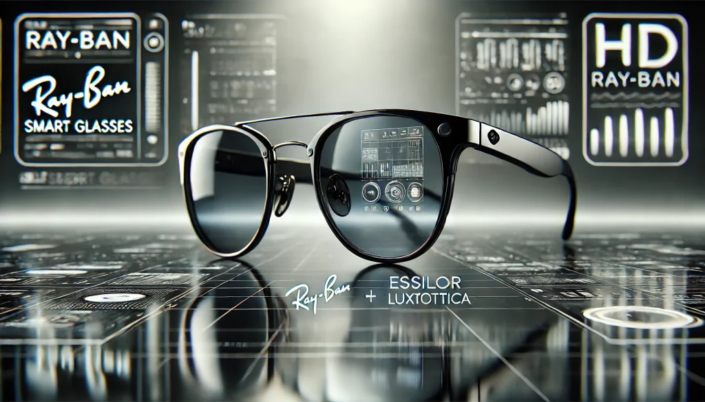 Stylish Ray-Ban smart glasses by Meta and EssilorLuxottica with AR features, displayed on a reflective surface with a tech-filled background in black and metallic tones.