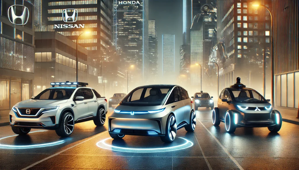 Futuristic scene with advanced electric vehicles from Honda, Nissan, and Mitsubishi, featuring sleek designs in a high-tech urban environment at night, with glowing city lights.