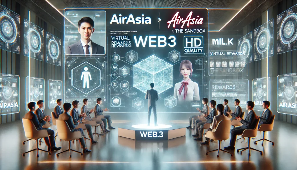 High-tech promotional event for the Web3 collaboration between AirAsia, Mil.k, and The Sandbox, with digital screens, holographic visuals, and executives presenting in a modern setting.