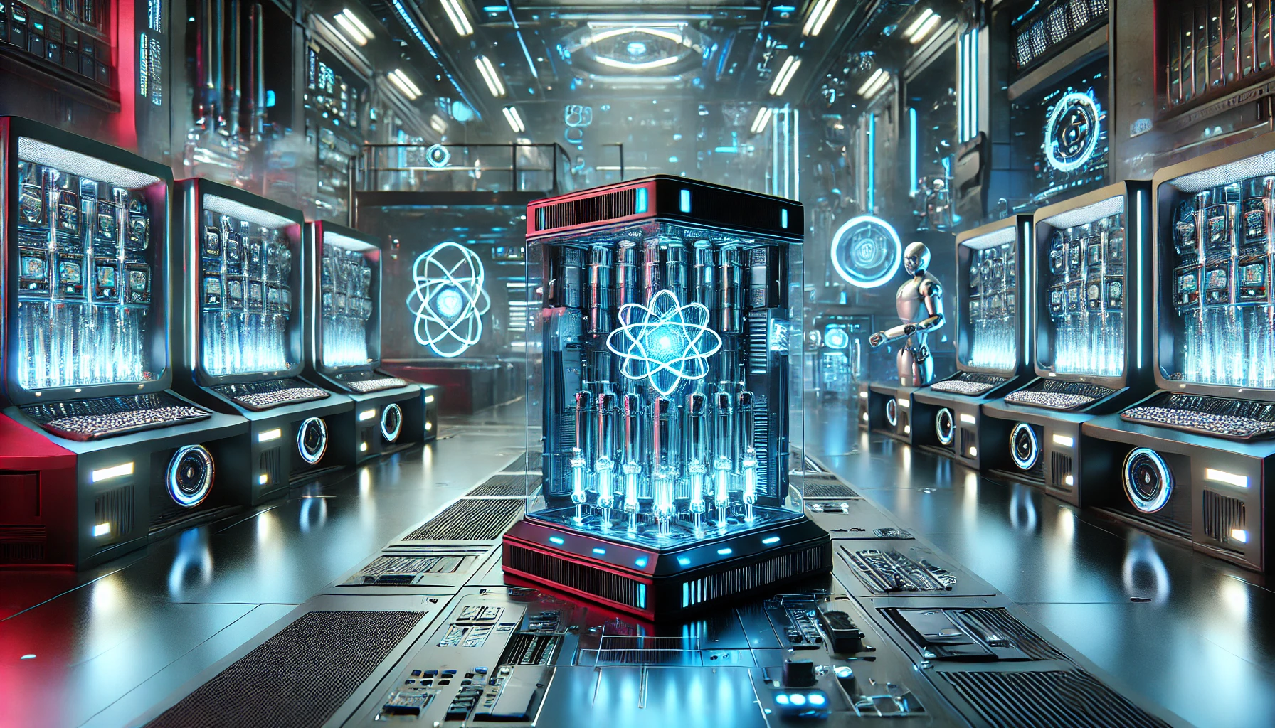 Futuristic scene with a glowing quantum computer, advanced processors, and a high-tech lab filled with holographic displays and robotics, in a cyberpunk aesthetic.