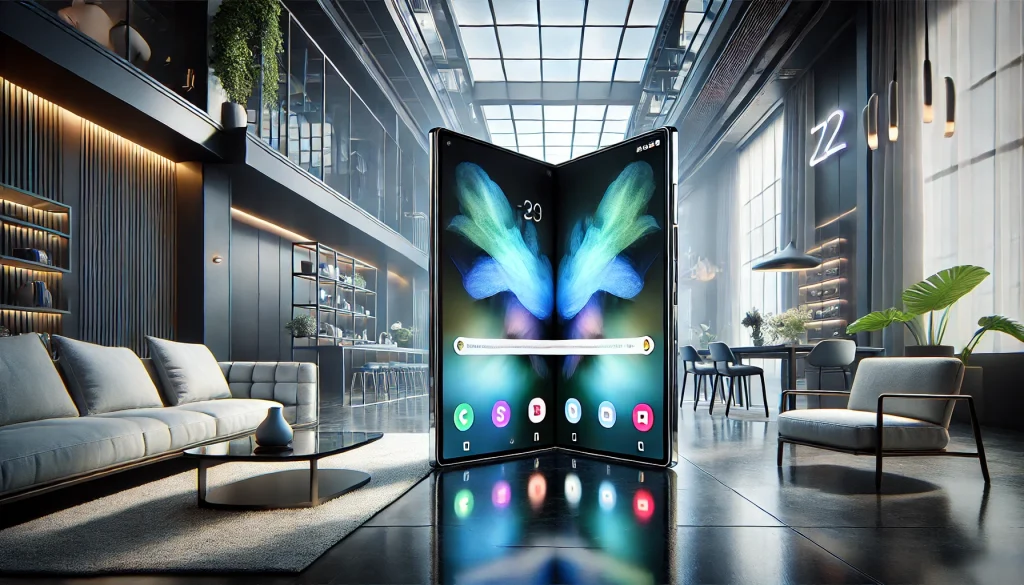 Samsung Galaxy Z Fold 6, unfolded, with a sleek design and vibrant screen, set in a modern living room with stylish furniture and smart home devices, highlighted by cool, high-contrast lighting.