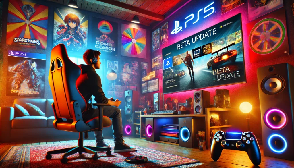 Gamer using PS5 with the latest beta update, vivid graphics on the screen, in a cozy gaming room with RGB lighting, gaming posters, and high-end accessories.