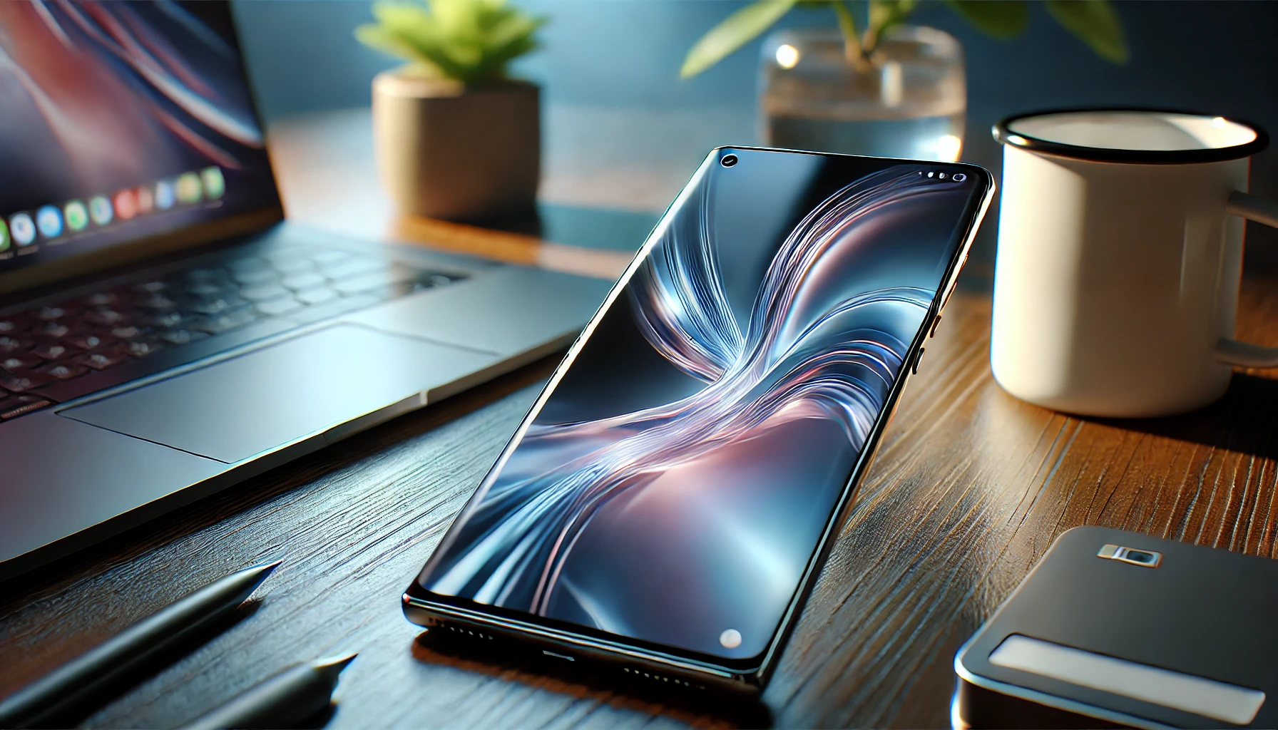 Close-up of a sleek, high-end smartphone with a holographic display on a modern desk setup with a laptop, coffee mug, and potted plant, softly lit.