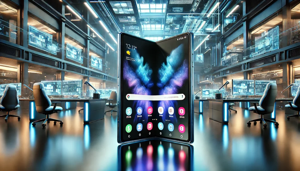 Futuristic photo of the Samsung Galaxy Z Fold 6, fully unfolded, with a vibrant screen in a high-tech office featuring holographic displays and cool blue lighting.