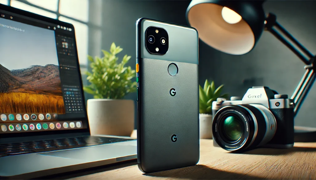 Close-up of the Google Pixel 9, showcasing its advanced camera module and sleek design, set on a modern desk with a laptop, camera lens, and potted plant, softly lit.