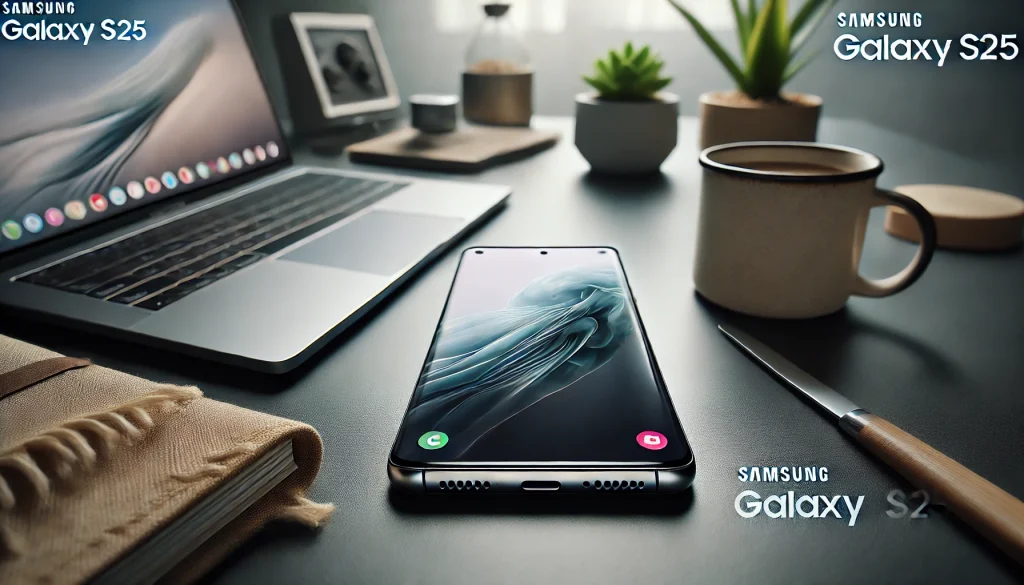 Close-up of the Samsung Galaxy S25 with an edge-to-edge AMOLED display and sleek metallic frame, set on a modern desk with a laptop, coffee mug, and potted plant, softly lit.