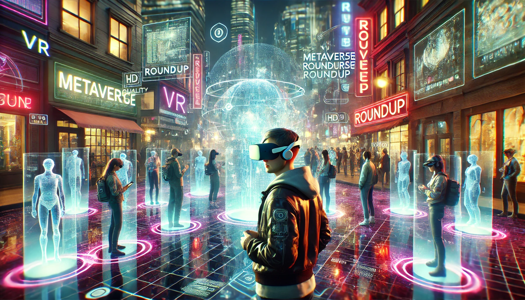 People exploring a vibrant Metaverse with VR headsets, digital avatars, and a futuristic cityscape with neon lights and holographic ads, in a cyberpunk aesthetic.