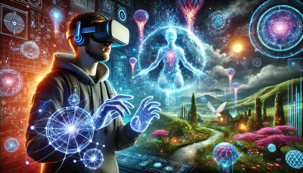 Person fully immersed in virtual reality, interacting with a vibrant digital fantasy world featuring glowing landscapes, fantastical creatures, and dynamic weather effects, in a photorealistic style.