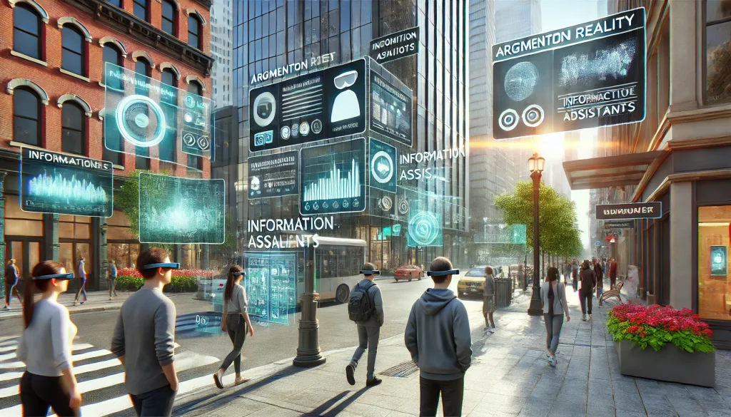 Bustling city street with people wearing AR glasses, interacting with digital overlays, holograms, and integrated information panels, in bright daylight with vivid colors and sharp details.