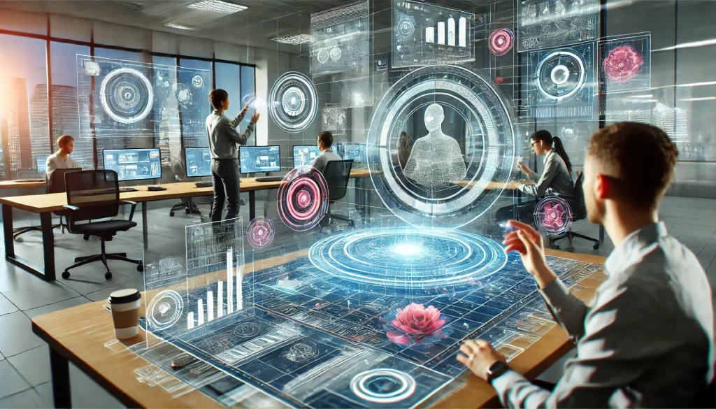 Mixed reality workspace where professionals collaborate on holographic 3D models, combining physical and digital tools in a high-tech office with sleek design and ambient lighting.