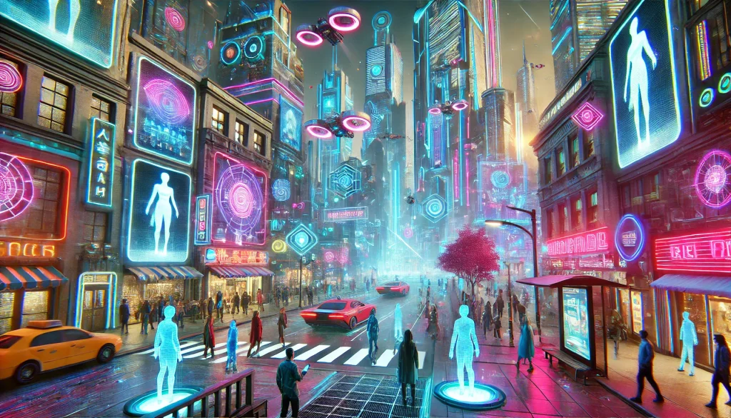 Futuristic cityscape with towering skyscrapers, flying cars, neon lights, and digital avatars interacting with holographic billboards, in a vibrant virtual world with a cyberpunk aesthetic.