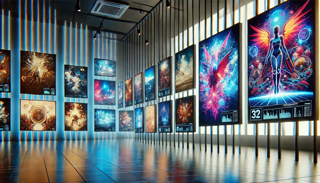 Digital art gallery showcasing vibrant NFTs on sleek, high-tech screens, with a modern, minimalistic design and soft ambient lighting.