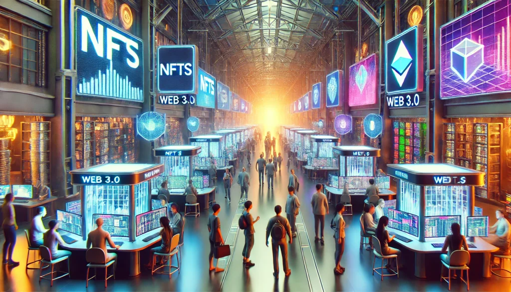 Bustling digital marketplace on Web 3.0 with users trading NFTs and cryptocurrencies, featuring detailed virtual booths, vibrant signage, and diverse avatars in a dynamic, immersive scene.