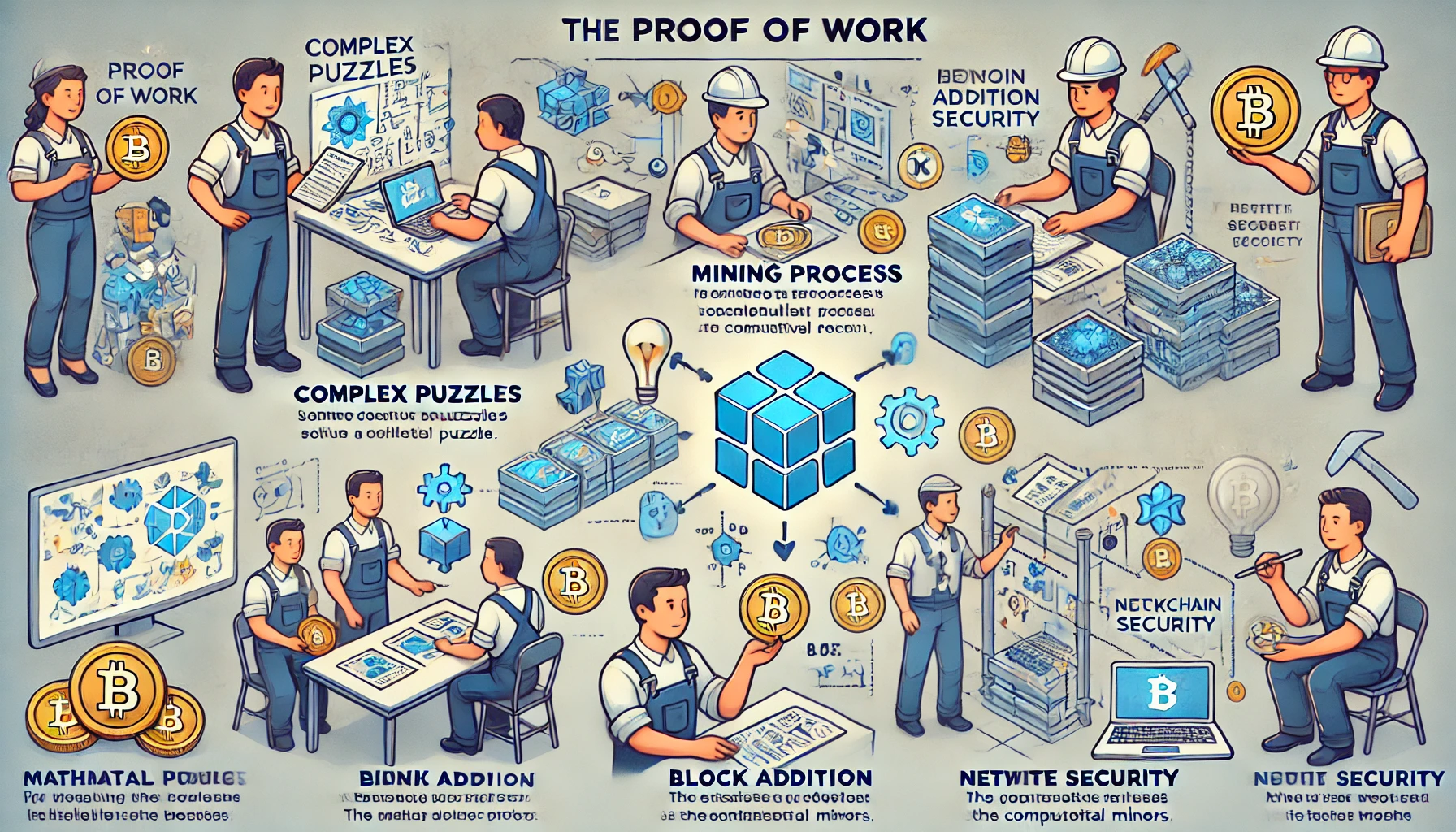 A diagram explaining the Proof of Work mechanism, showing how miners solve complex puzzles to add blocks to the blockchain and secure the network.