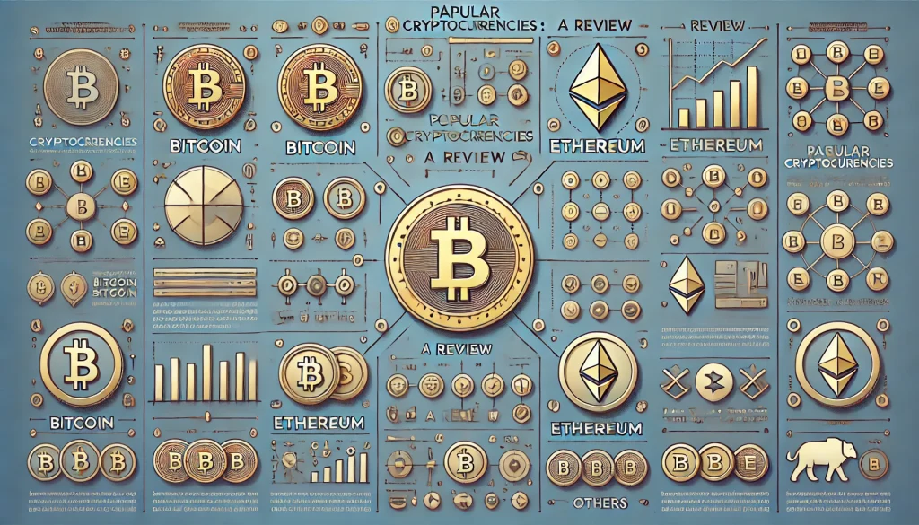 A visual depiction of popular cryptocurrencies, featuring icons of major coins like Bitcoin and Ethereum, with subtle charts and checkmarks to suggest a review or comparison.