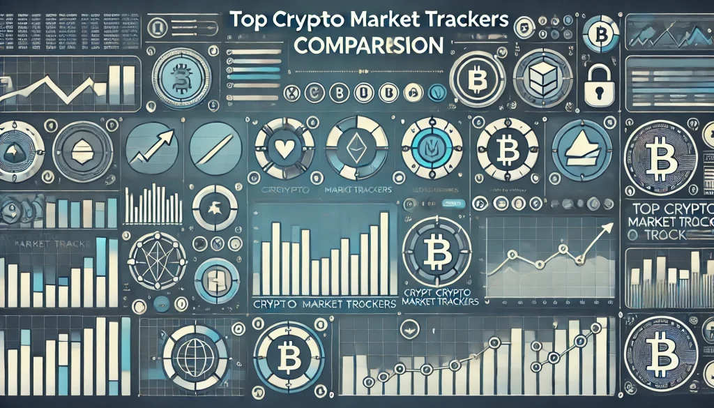 A visual comparison of top crypto market trackers, featuring icons or logos of various trackers, with subtle bar graphs and checkmarks to suggest ranking and comparison.