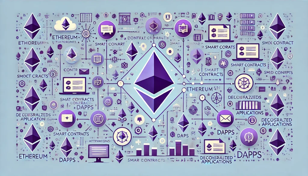 An infographic illustrating the Ethereum network, showcasing its blockchain, smart contracts, and decentralized applications.