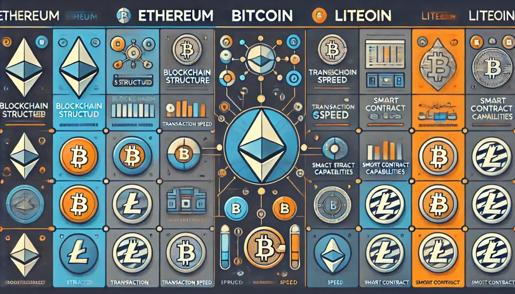 A comparison chart highlighting key differences and similarities between Ethereum and other major cryptocurrencies like Bitcoin and Litecoin.