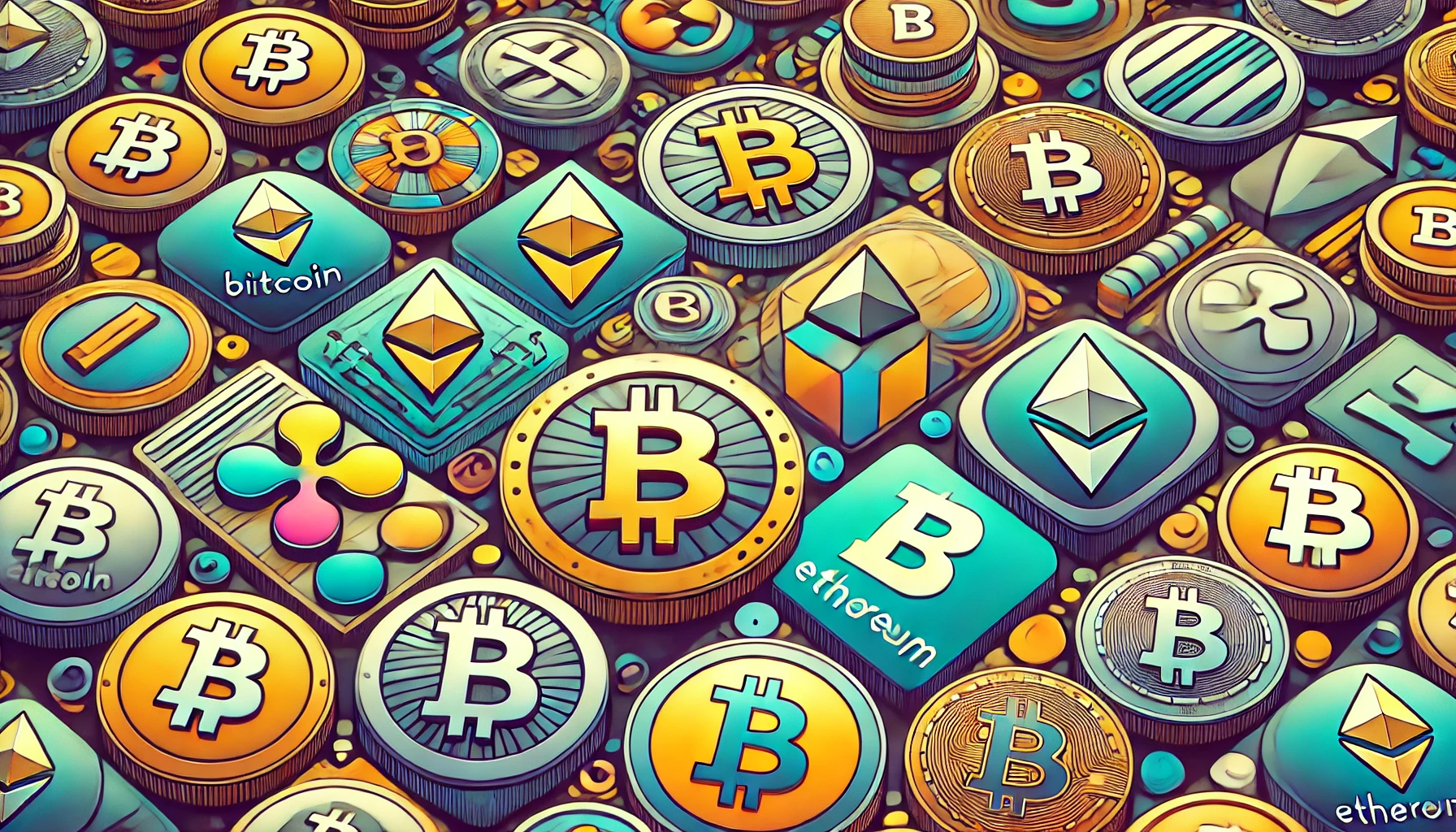 A showcase of various popular cryptocurrencies, with icons representing Bitcoin, Ethereum, Ripple, and others.