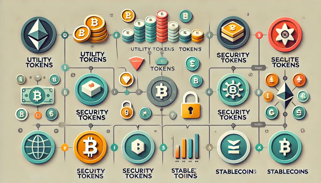 A visual chart categorizing different types of cryptocurrencies, such as utility tokens, security tokens, and stablecoins.