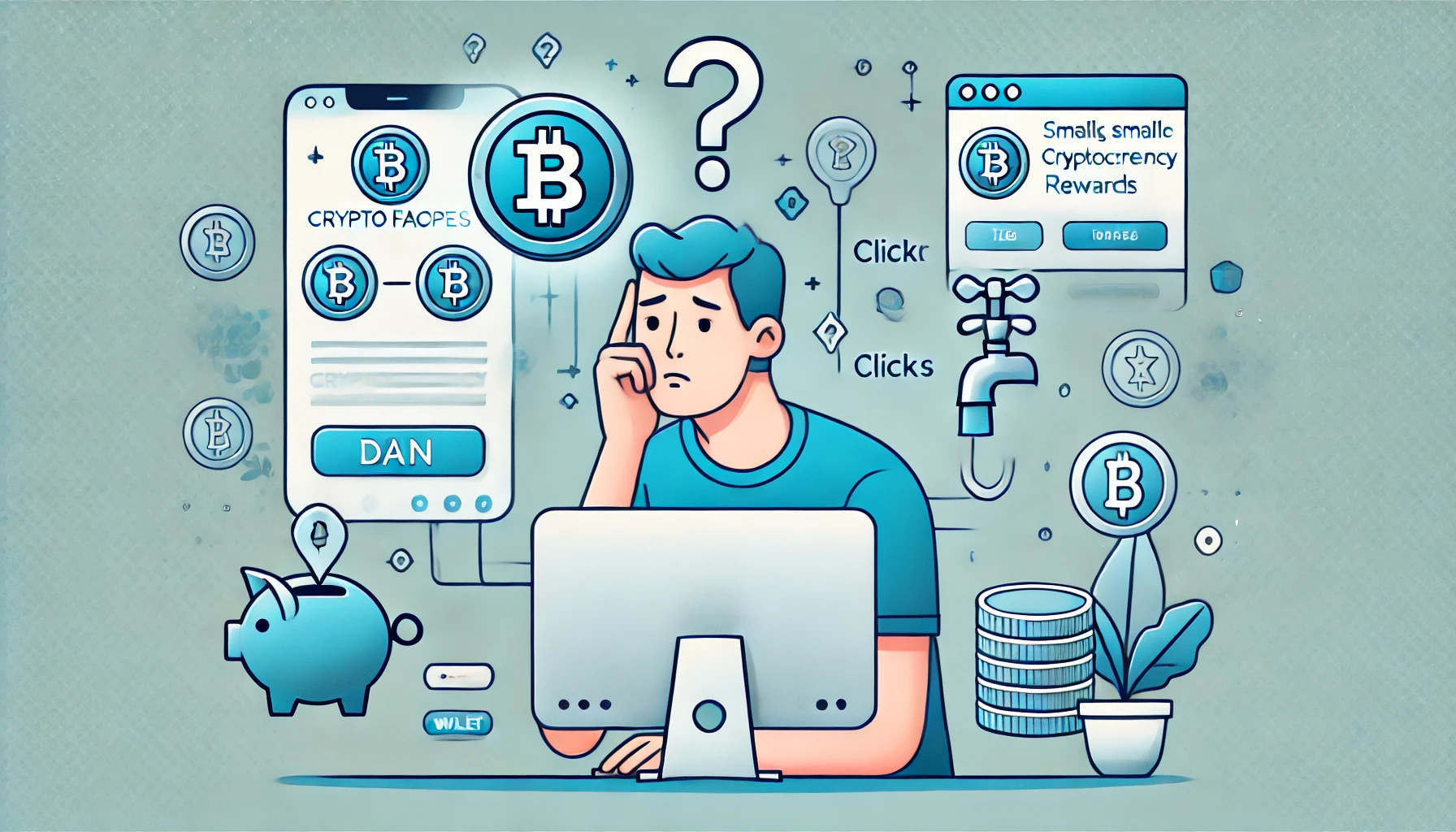 A person with a puzzled expression looking at a computer screen, surrounded by icons representing small cryptocurrency rewards and online tasks, illustrating the concept of trying to understand crypto faucets.