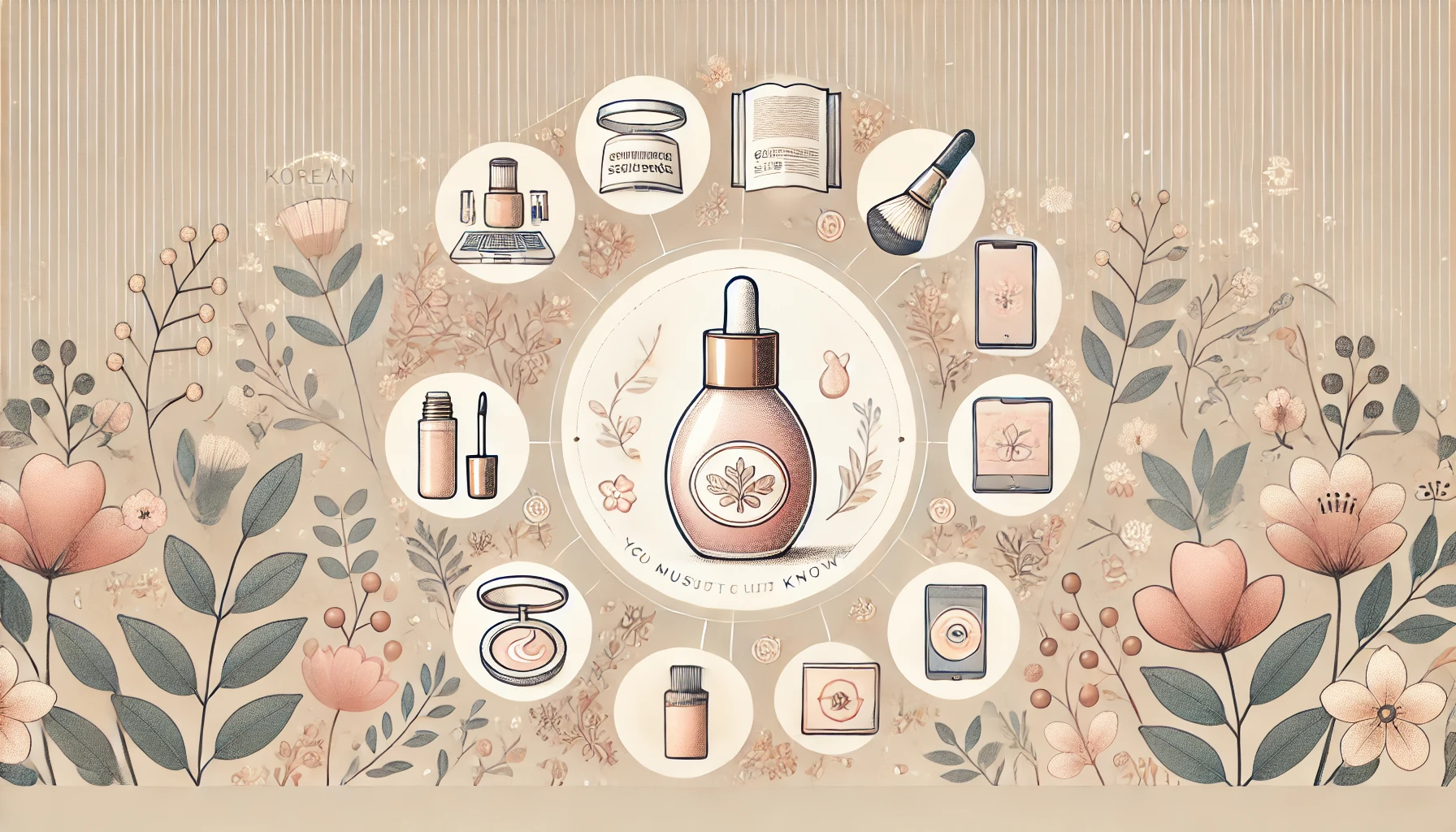 A landscape collage image featuring a central Korean skincare serum surrounded by icons for a guidebook, makeup brush, smartphone app, herbal ingredient, and beauty influencer, set against a soft pastel background with floral patterns.