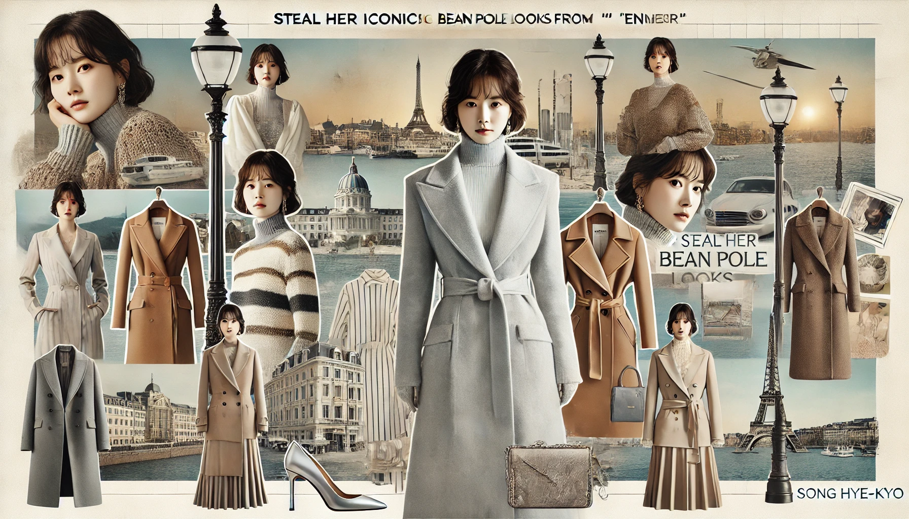 A landscape collage image showcasing Song Hye-kyo's iconic Bean Pole outfits from the drama "Encounter," featuring elegant coats, dresses, and accessories against a cityscape and seaside backdrop, with a neutral, sophisticated color scheme.